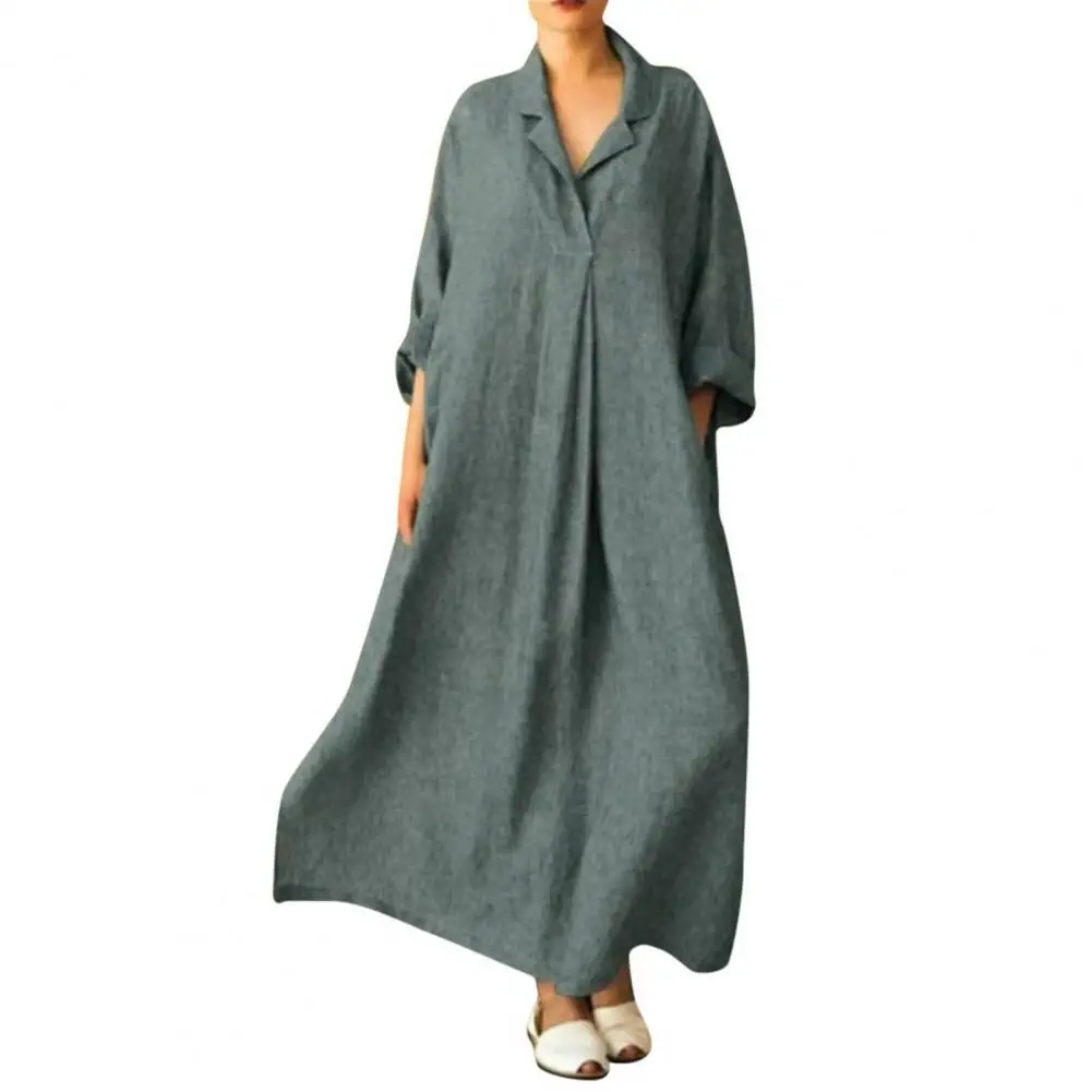 Maxi Dress Elegant V-neck Maxi Dress with Side Pockets for Women A-line Silhouette Long Sleeves Pleated Design for Wear Special