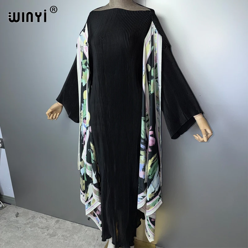 WINYI Slim Fit Pleated Elastic Beach Cover up Kaftan Abaya Muslim Women's Fashion Dress Dubai Luxury Party Eveningwear