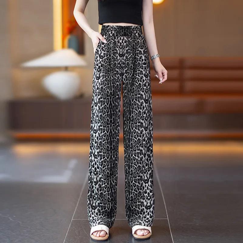 

Летние легкие удобные брюки с леопардовым принтом для женщин, свободные повседневные брюки с высокой талией для похудения, универсальные прямые брюки