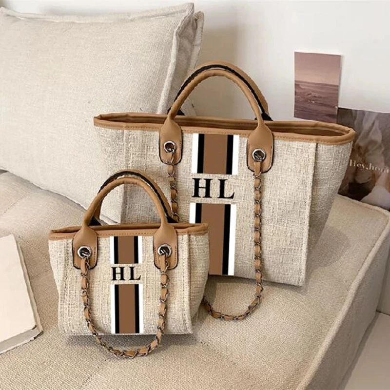 

Customize monogram striped Big Mama and mini size canvas handbag travel bags totes shopping shoulder jute handbags shopper tote