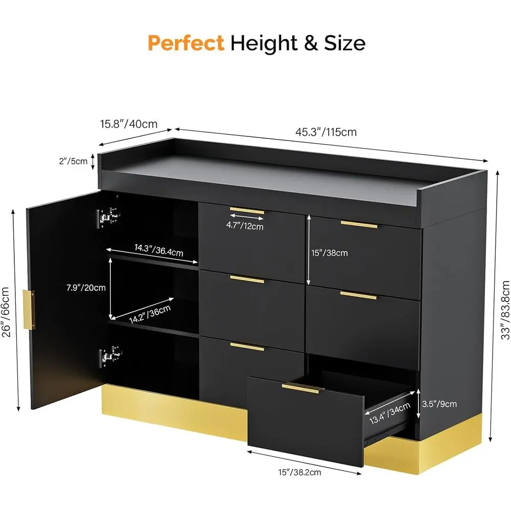 محطة حلاقة أنيقة مع 6 أدراج وخزانة تخزين لصالونات التجميل، لمسة نهائية باللون الأسود والذهبي #3