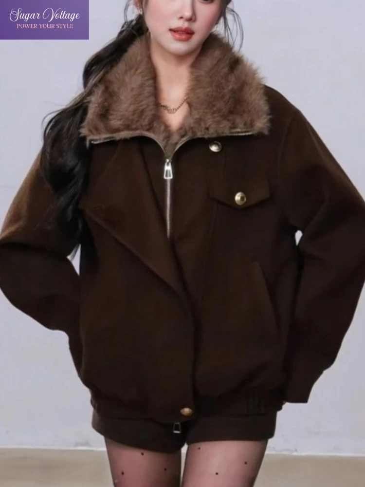 Inverno americano vintage jaqueta feminina solto ajuste de pele de pelúcia lapela zíper casaco curto grosso quente streetwear moda chique outerwear