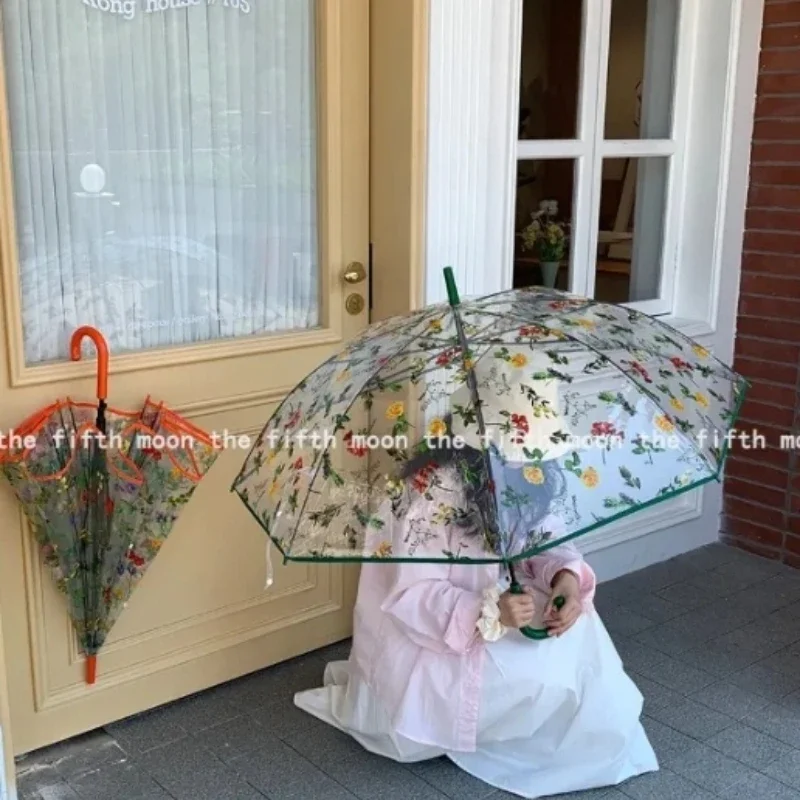 Romantic Floral Transparent Umbrella Long Handle Korean Style Fashion Rain Parasol for Women Photography Travel Daily Use 투명 장우산