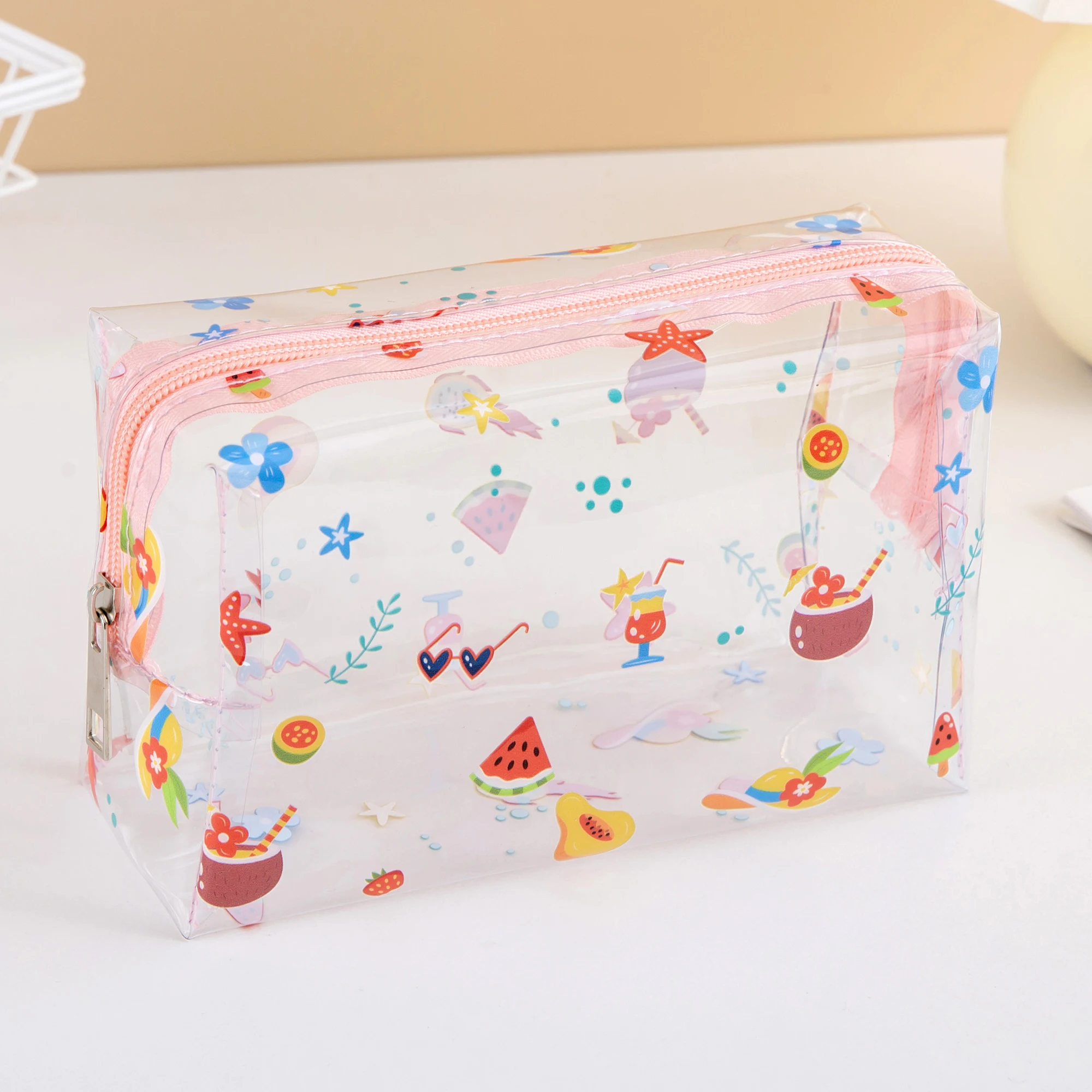 Summer Cute Waterproof Clear printing Cosmetics Bag PVC Zippered Toiletry Carry Pouch  for  Beach Swimming Travel