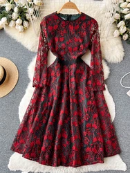 Women Elegant Vintage Party Dress Autumn Round Neck Patchwork Lace Hollow Embroidery Jacquard Knee High Pleated Skirt for Women