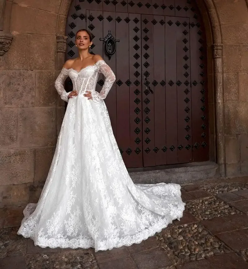 فساتين زفاف مصنوعة حسب الطلب للعروس فستان زفاف طويل مزين بالدانتيل من التول فستان زفاف شاطئ بوهو فستان أبيض