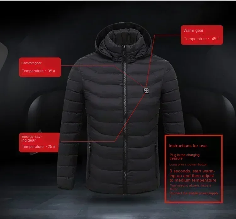 Winter Multi Zone Heating Jacket 2024 New Men\'s USB Intelligent Heating Waterproof Hooded Top Cold Resistant Warm Cotton Coat