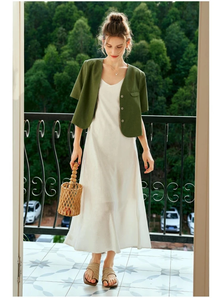 

OLrain Green Women Jackets 2025 Summer Vacation Style Elegant V Neck Short Sleeve Button Office Lady Outerwear Tops O24XW92262