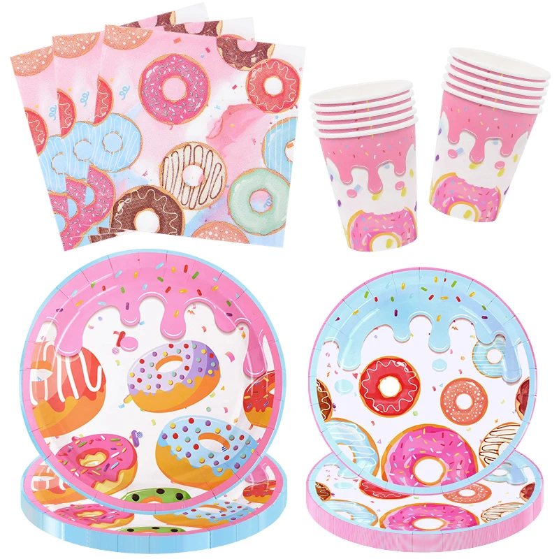 Donut Party Disposable Tableware Set Paper Plate Cup Tablecloth Kids Girls 1st Birthday Party Decoration Supplies Baby Shower