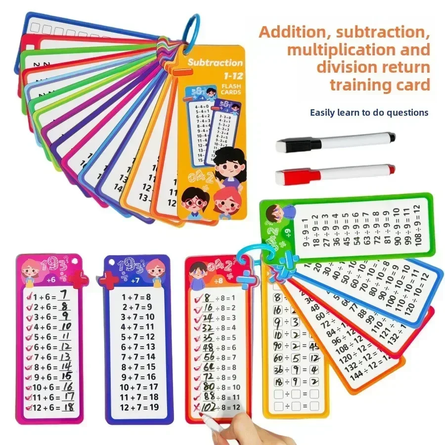 Mathe-Trainingskarten, Addition, Subtraktion, Multiplikation und Division, Lernspielzeug, Arithmetik für Studenten mit löschbarem Stift