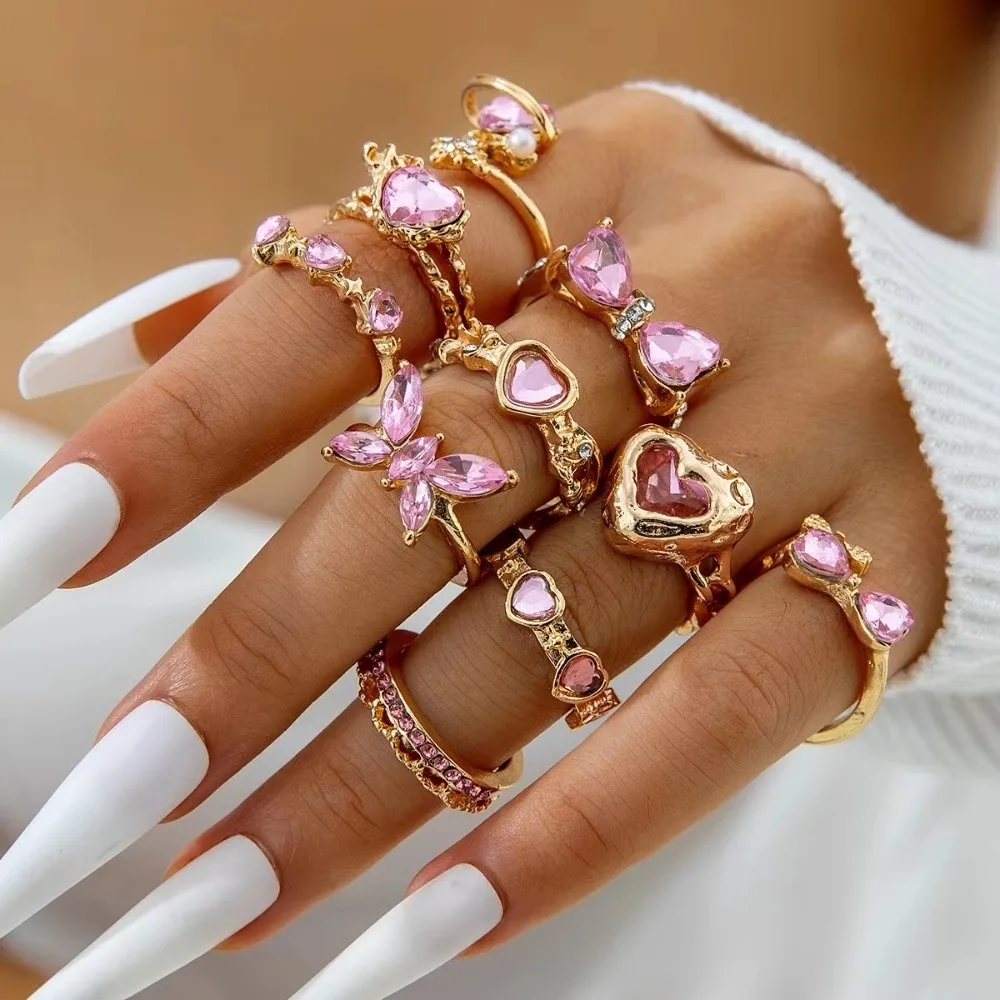 10Pcs/Set Bow Design Heart Butterfly Rings Gold Silver Color Pink Crystal Open Rings Synthetic Zircon Stackable Mix Style Rings