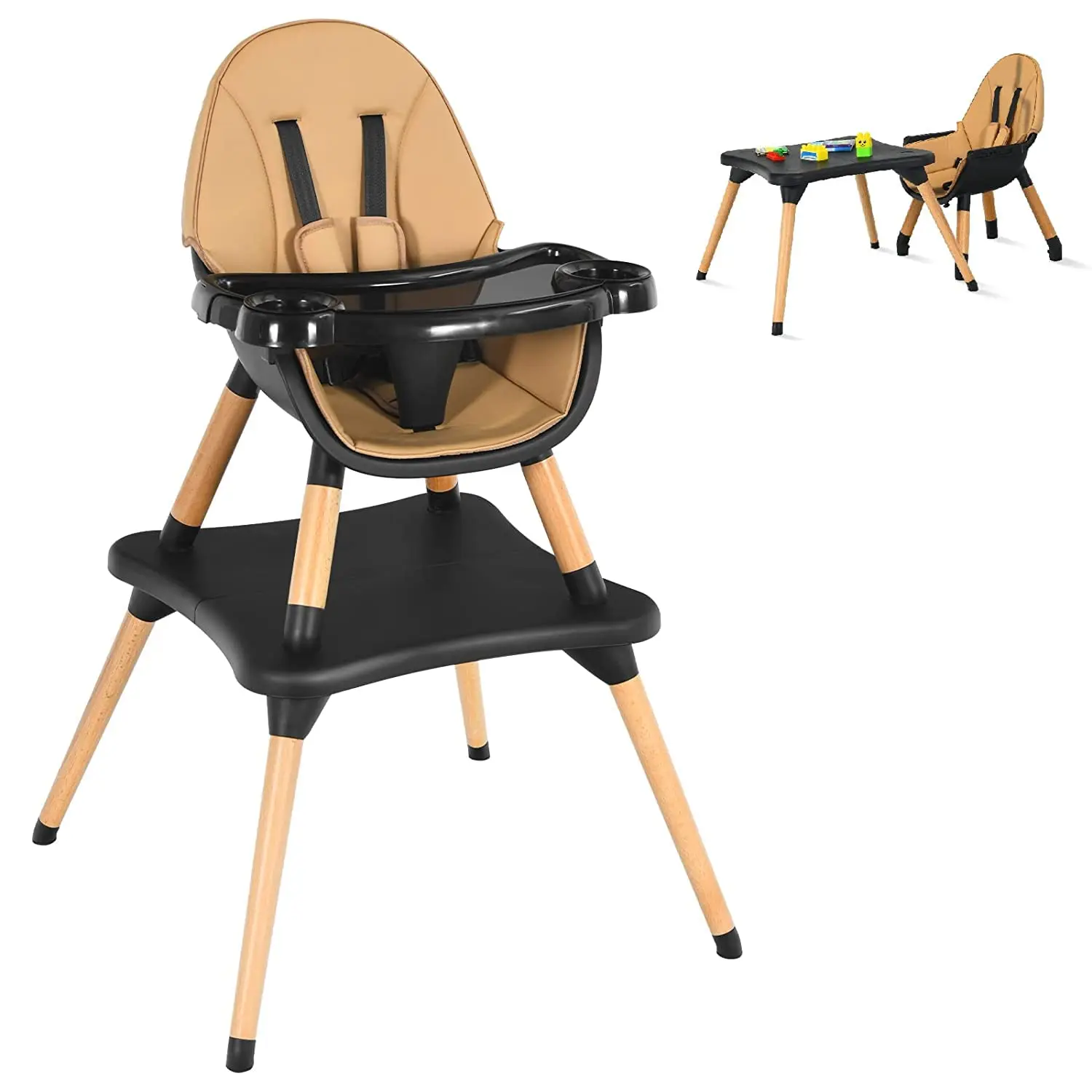 Baby High Chair, 5-in-1 Convertible Wooden Highchairand Toddlers/Table and Chair Set/Toddler Chair with Safety Harness