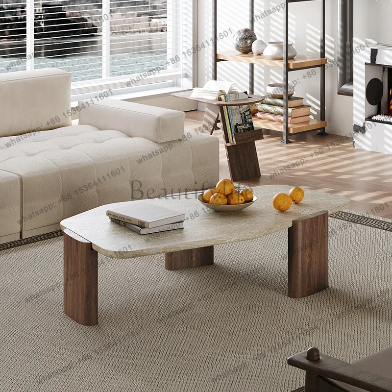 FG17Wabi-Sabi Travertine coffee Table, Organic Minimalist for Home & Boutique, Heat & Scratch Resistant, Artisan Customizable