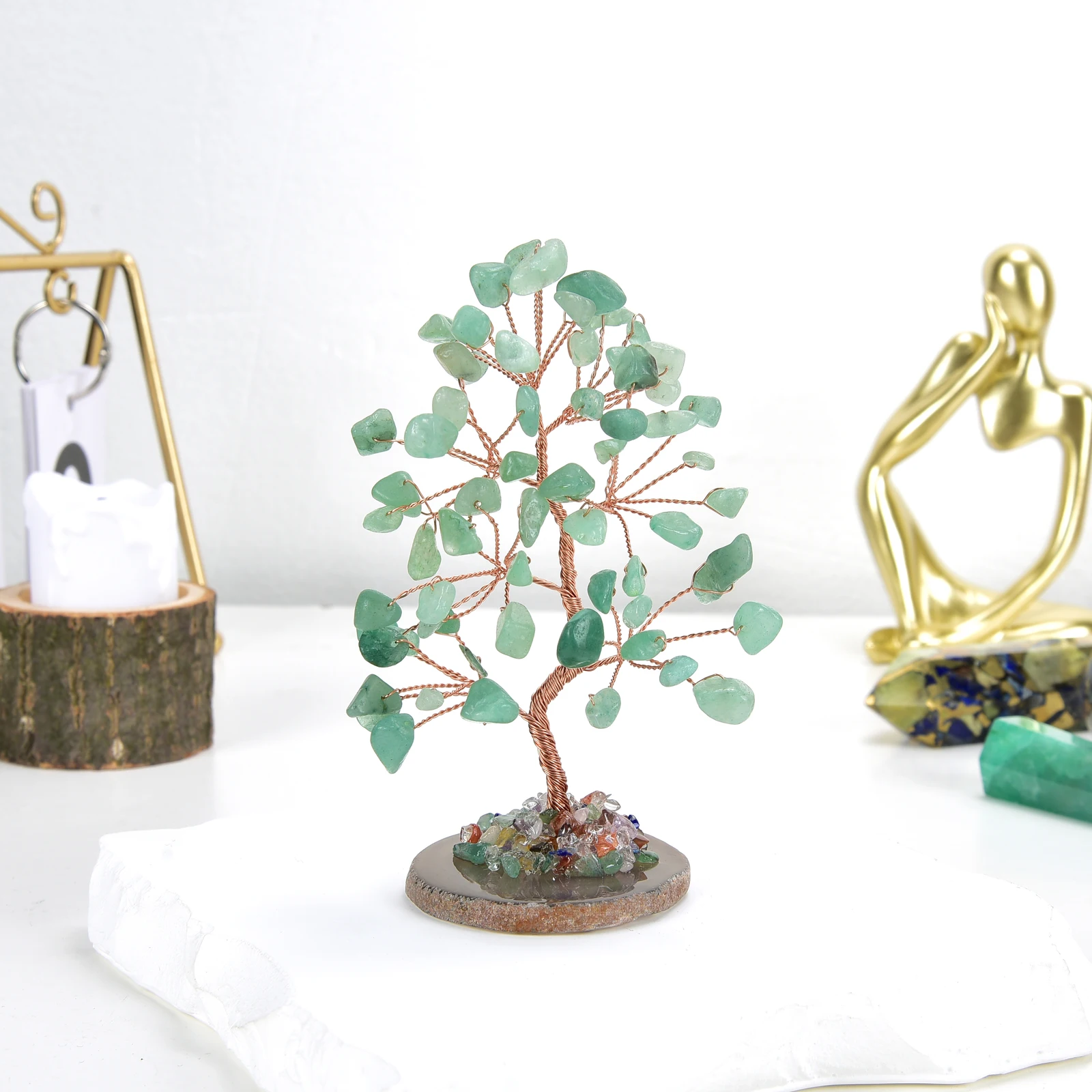 Lucky Crystal Tree Random Stone Base Natural Green Aventurine Money Tree for Positive Energy Crystal Tree Home Office Decoration