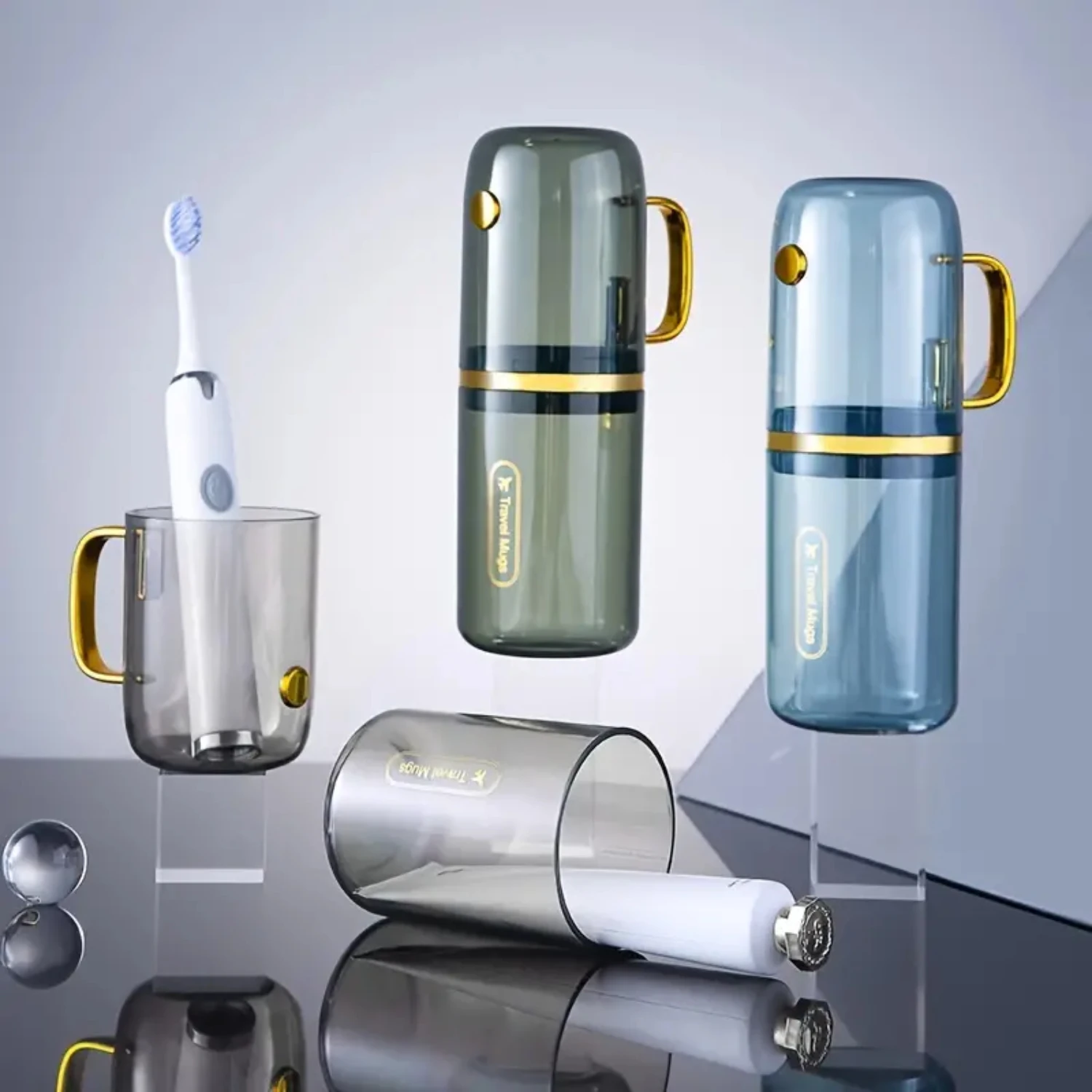 Compact Portable Creative Family of Three Toothbrush Set with Travel Mug, Mouthwash Cups, and Storage Cups. Perfect for On-the-G