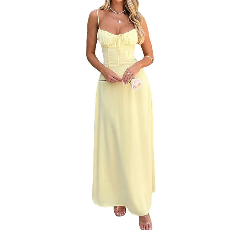 ASDS-Boho 流れるようなスリットレースアップドレス女性の外出 A ラインカジュアルサンドレス