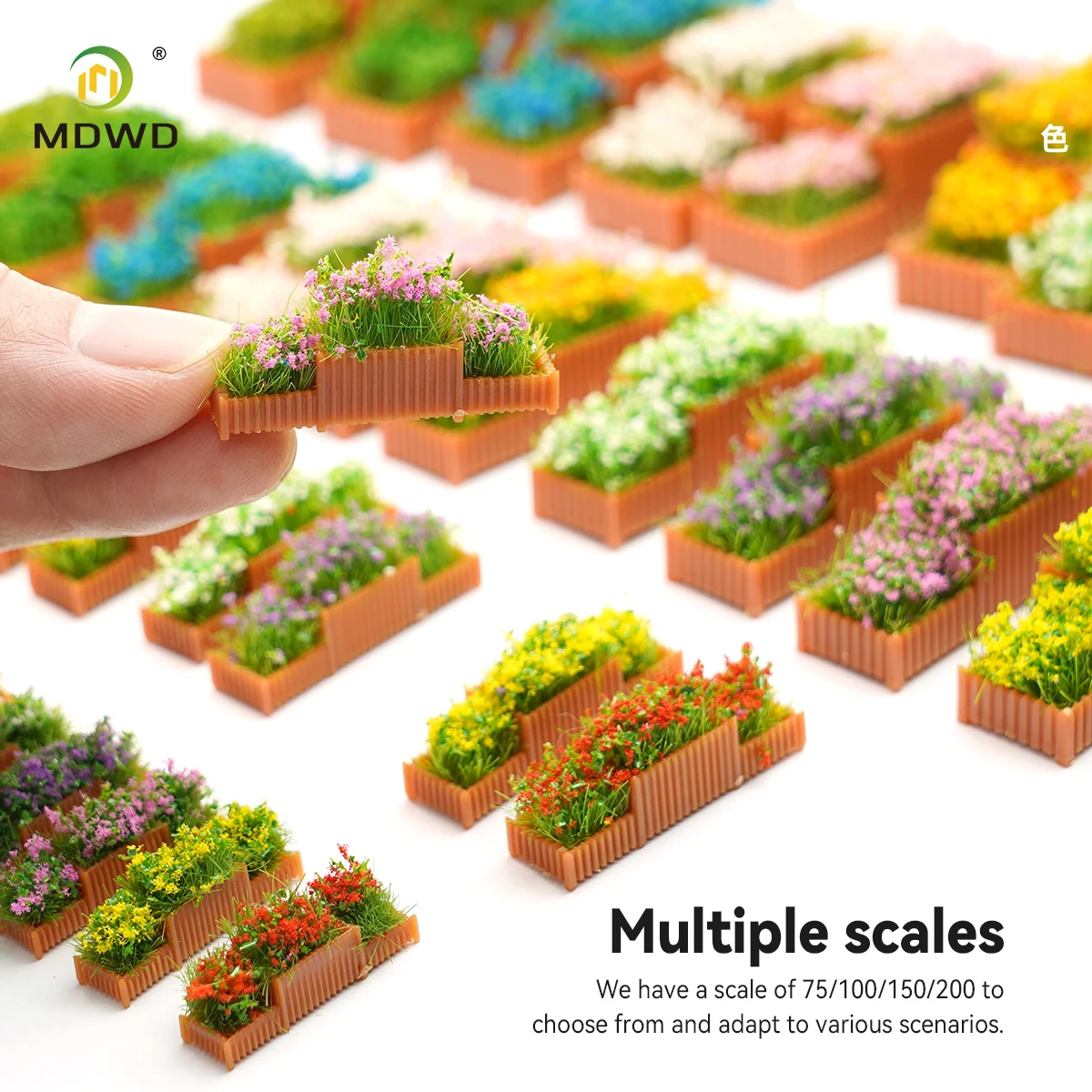 2pcs Miniature Planter Boxes Set - Scaled Grass/Flower Plants for Dollhouse Diorama, Book Nook Decor, Railway Scene, 1/75 Scale