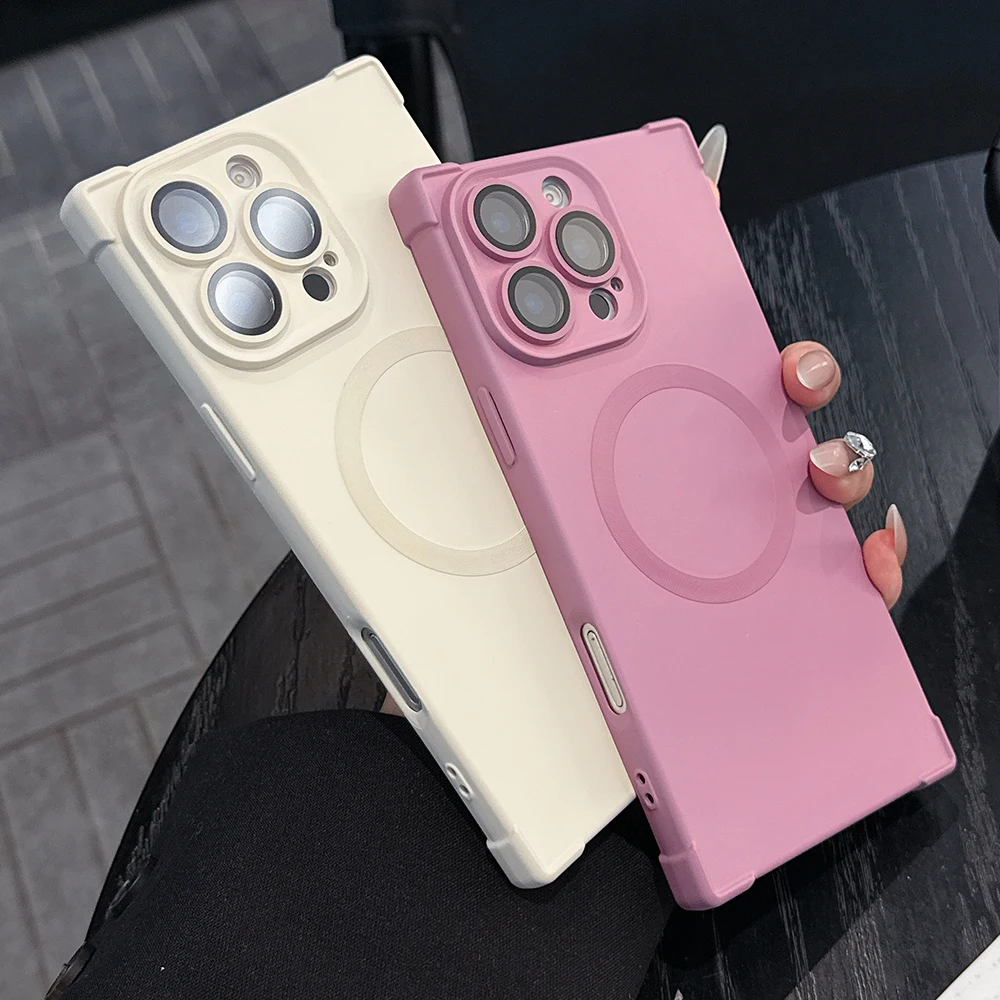 

Solid Color Rectangle Shape Magnetic Shockproof Phone Case for IPhone 13 14 15 16 17 Pro Max Plus Wireless Charge MagSafe Cover