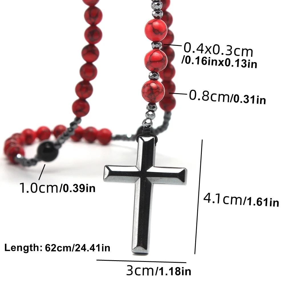 Natural 8mm Red Turquoise Beads with Hematite Cross Pendant Necklace for Men and Women - view 2