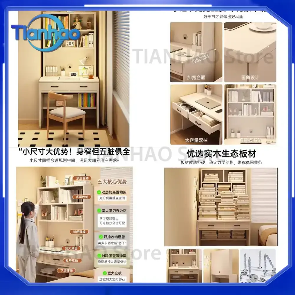 Desk with Built-in Bookshelf Wall-Mounted Bookcase for Girls Bedroom Cream Style Study Desk Writing Table Computer Desk for