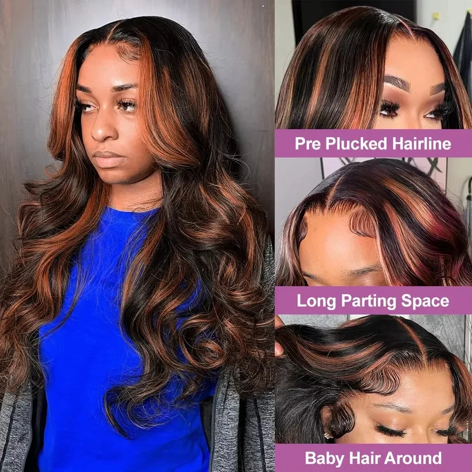 250 Density Ombre Highlight HD Lace Front Wig 13x6 Body Wave Lace Frontal Wigs Human Hair 1B/30 Black Brown Brazilian 14x4 Remy