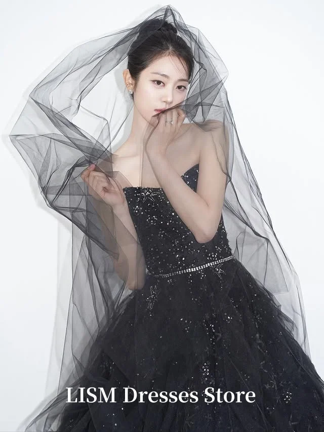 LISM Black Beads Tulle Wedding Party Dresses Korea Photo Shoot Prom Gowns Corset Back Evening Dresses Customized 결혼식 드레스