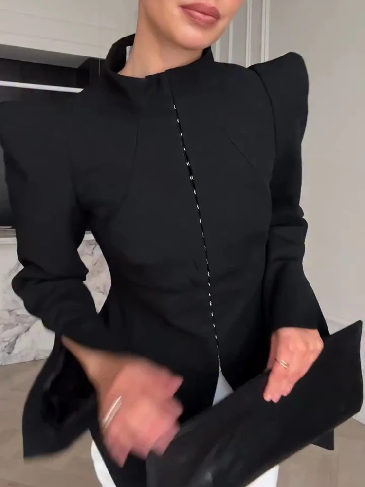 Fashion Women Autumn Blazer Stand Collar Long Sleeve Cinched Waist Fitting Coat Lady Solid Jacket High Street 2026