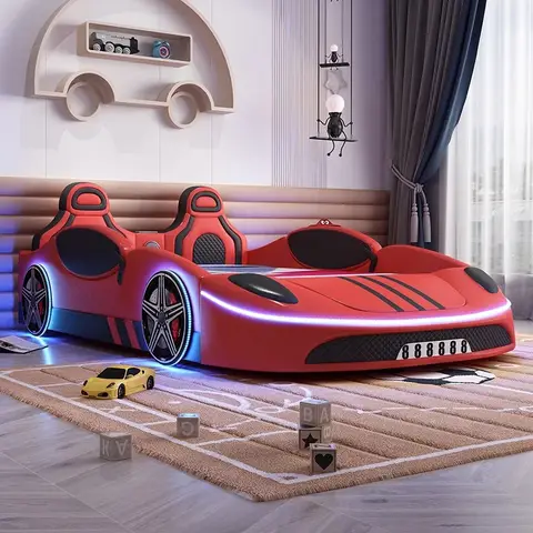 Letto singolo moderno per auto sportiva per ragazzi, telaio in legno morbido per bambini, garanzia in stile cartone multifunzione