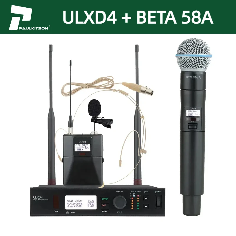 Paulkitson ULXD4 BETA58A BETA87A S58 معدات الصوت المهنية UHF اللاسلكية المحمولة نظام ميكروفون الكاريوكي الملحقات