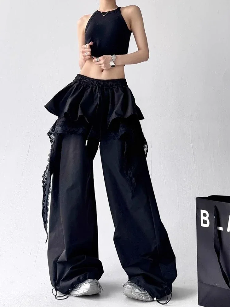 

Deeptown Y2k Black Lace Patchwork Ruffles Cargo Pants Wide Leg Korean Fashion Skirt Style Fake Two Piece Trousers Baggy Harajuku