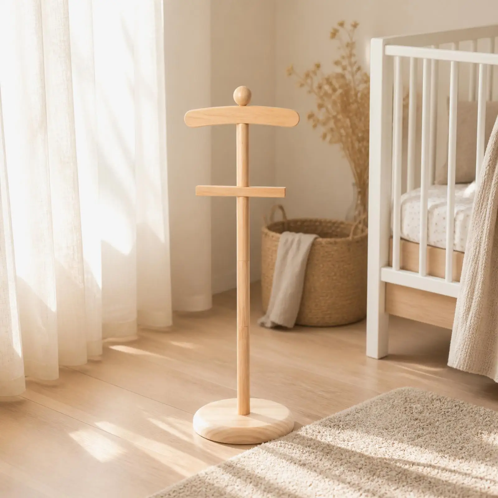 Adjustable Wood Kids Display Rack Freestanding Childrens Clothing Stand with Curved Shoulder Bar for Costume Organizing Boutique