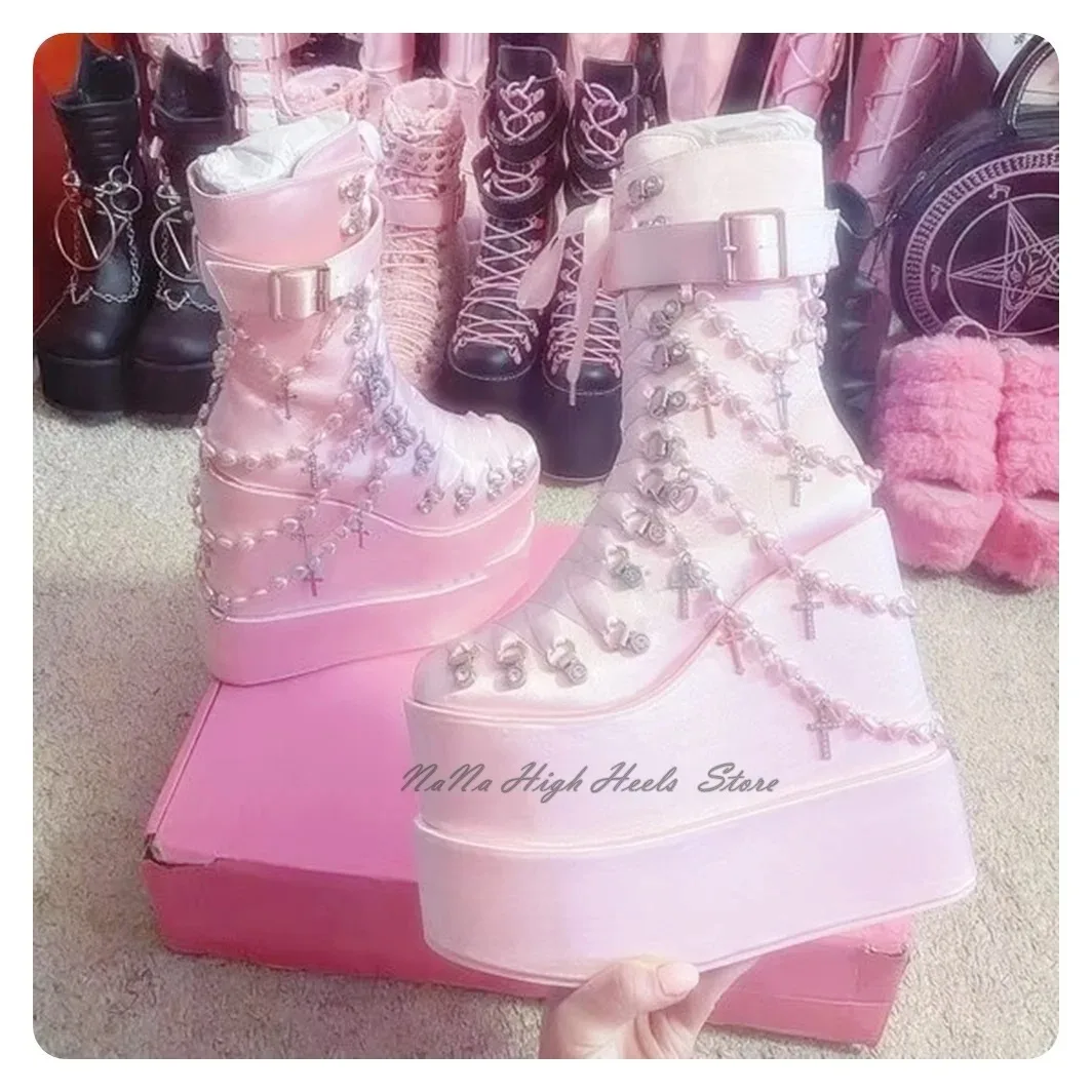 

Женские розовые ботильоны на платформе в стиле панк с жемчугом и кристаллами, на шнуровке, с высоким каблуком, для девушек