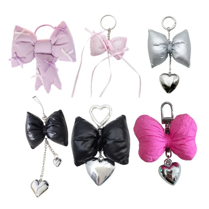 Y2K Silver Candy Color Keyring Pendant 3D Bowknot Heart Keychain Sweet Cool Girls Phone Chain Fashion Jewelry Accessories