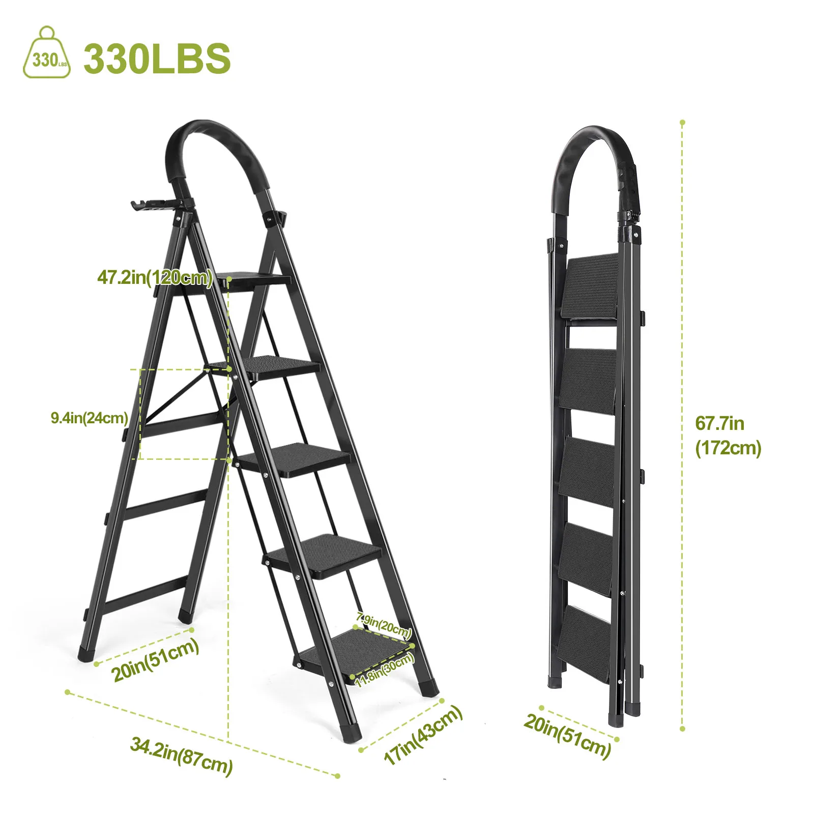 Heavy-Duty Folding Stool with Handrail, Anti-Slip Step Ladder for Home, Office, Garage