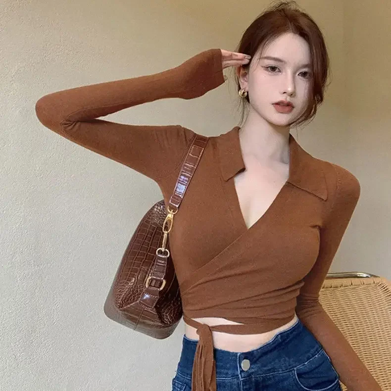 Sweet Hot Girl Sexy V-hals Lace-up Slim-fit T-shirt Dames Lente en Zomer Korte Lange mouwen Truien Mode Vrouwelijke Kleding
