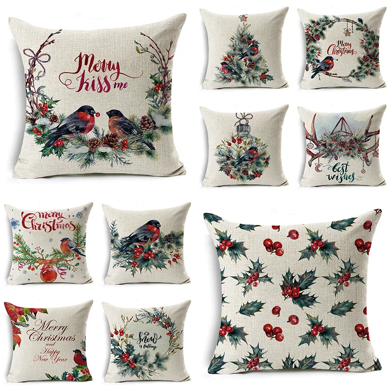 Christmas Gift Plants and Birds Pillowcase Decorative Printing Sofa Car Cushion Home Decoration Linen Cushion Cover