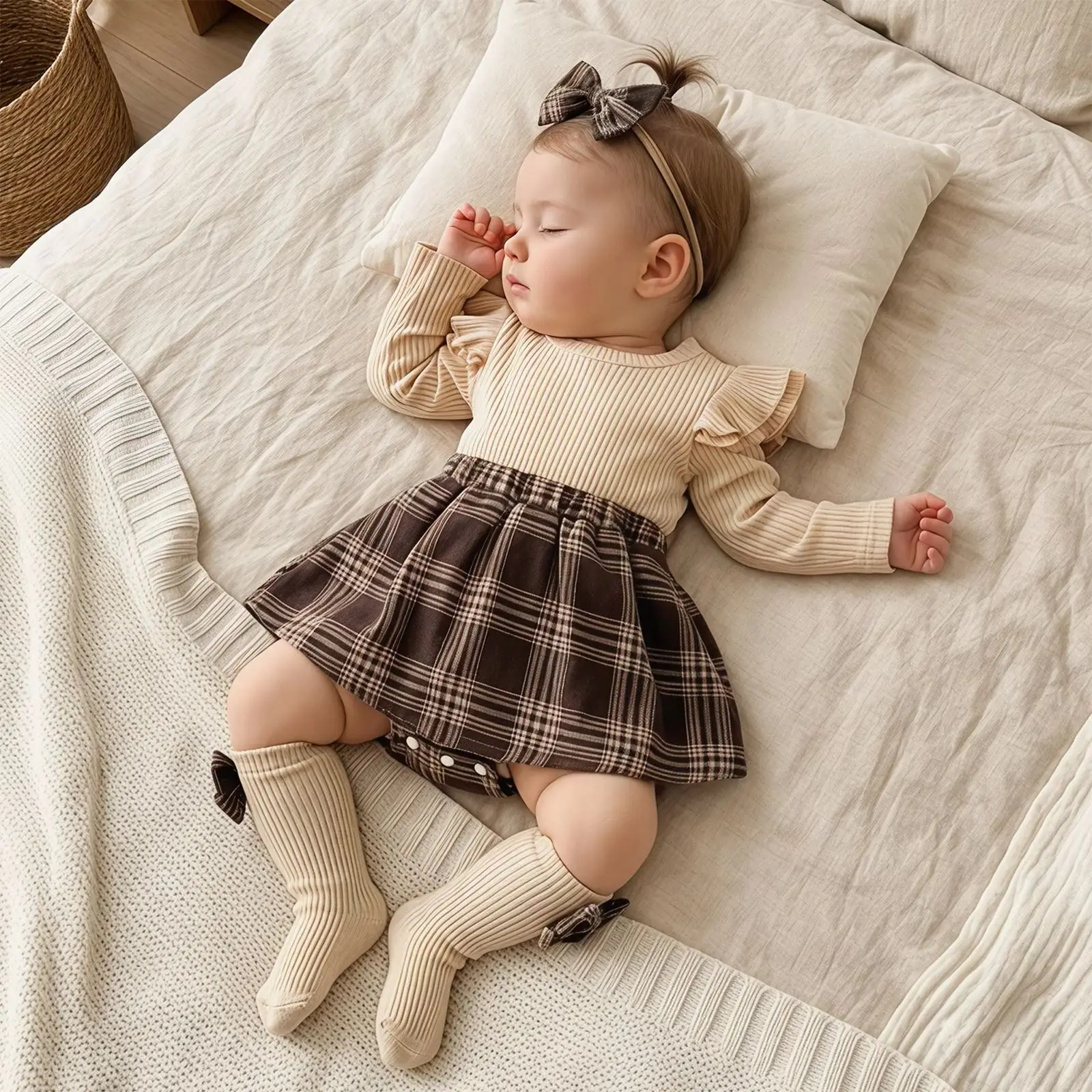 3Pcs Set Baby Girls Fall Romper Dress Ribbed Plaid Fly Sleeve Skirt Hem Bodysuits Headband Socks Girls Autumn Clothse Set