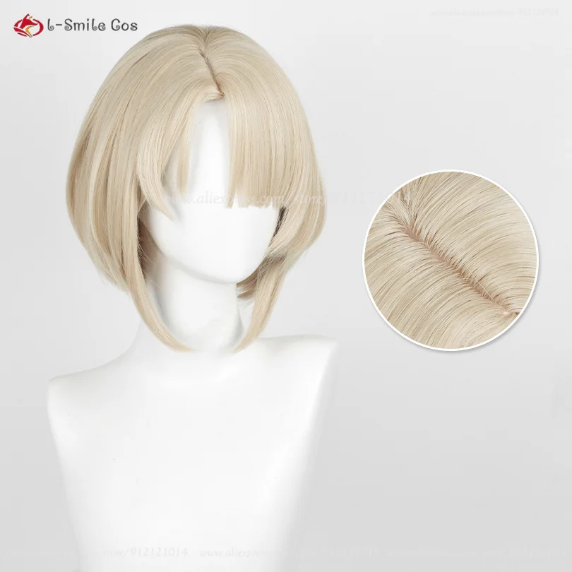 Game Fontaine Freminet Cosplay Wig 30cm Short Beige Gold Women Wigs Heat Resistant Synthetic Hair Role Play Wig + Wig Cap