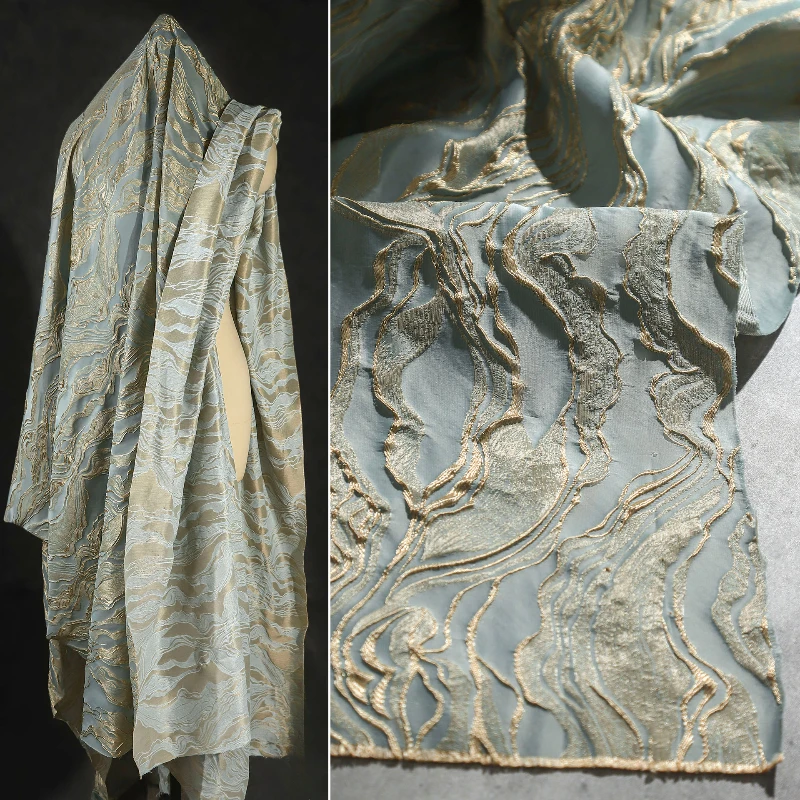 Azul ouro fio onda jacquard tecido tridimensional textura alívio de alta qualidade casa jaqueta presente roupas diy designer tecido