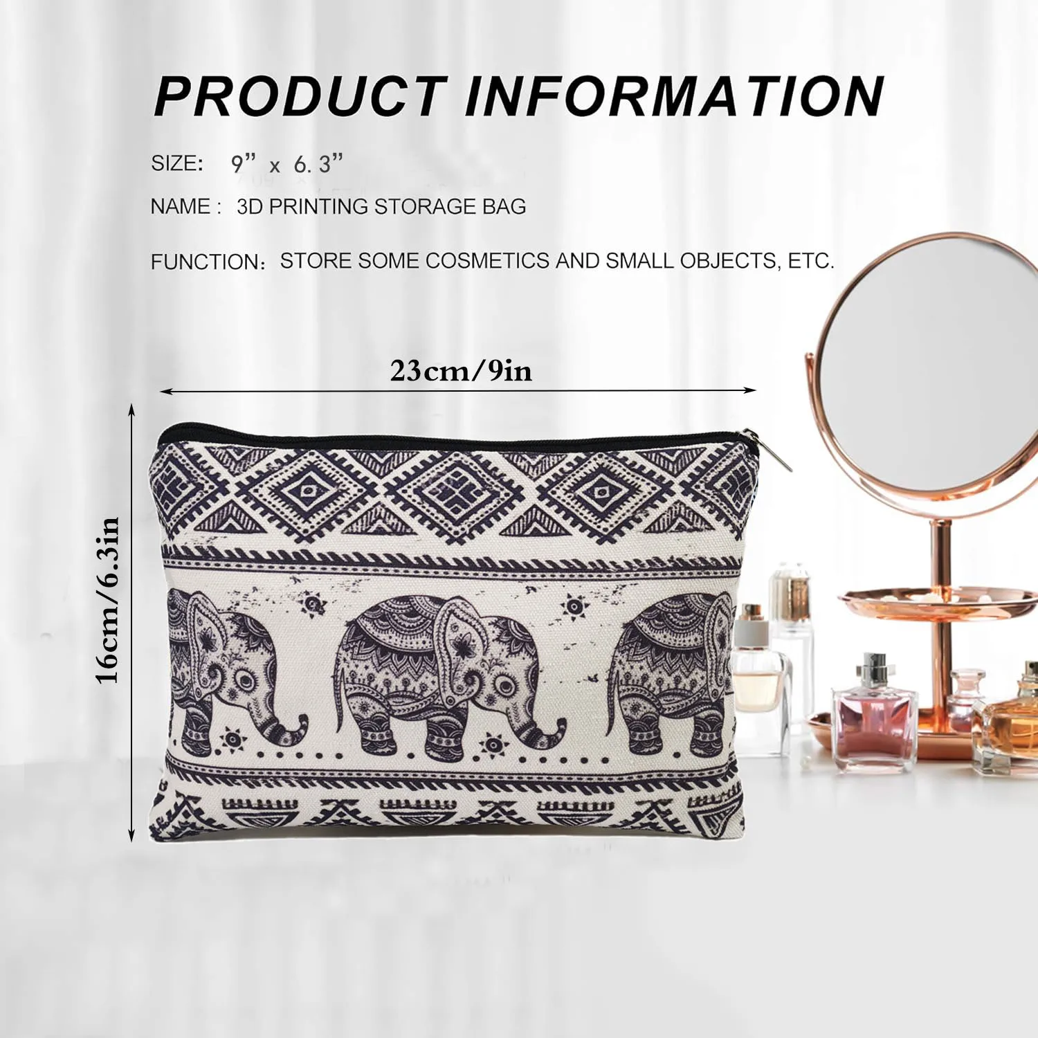 Makeup Bag for Purse Canvas Vintage Cosmetic Bags for Women Zipper Travel Toiletry Pouch-Elephant Makeup Bags