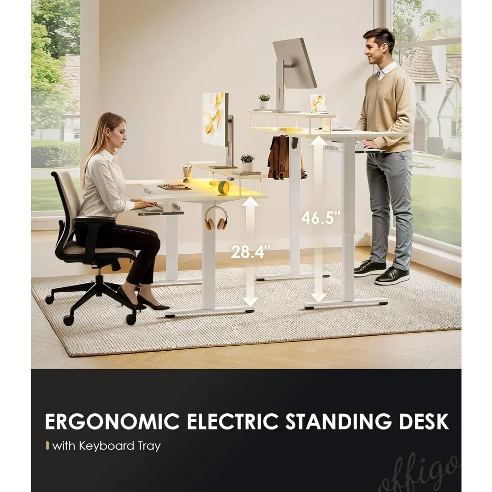 U Shaped Electric Standing Desk with Keyboard Tray, 55 Inch Height Adjustable Desk with Power Outlets & LED Lights, Customized