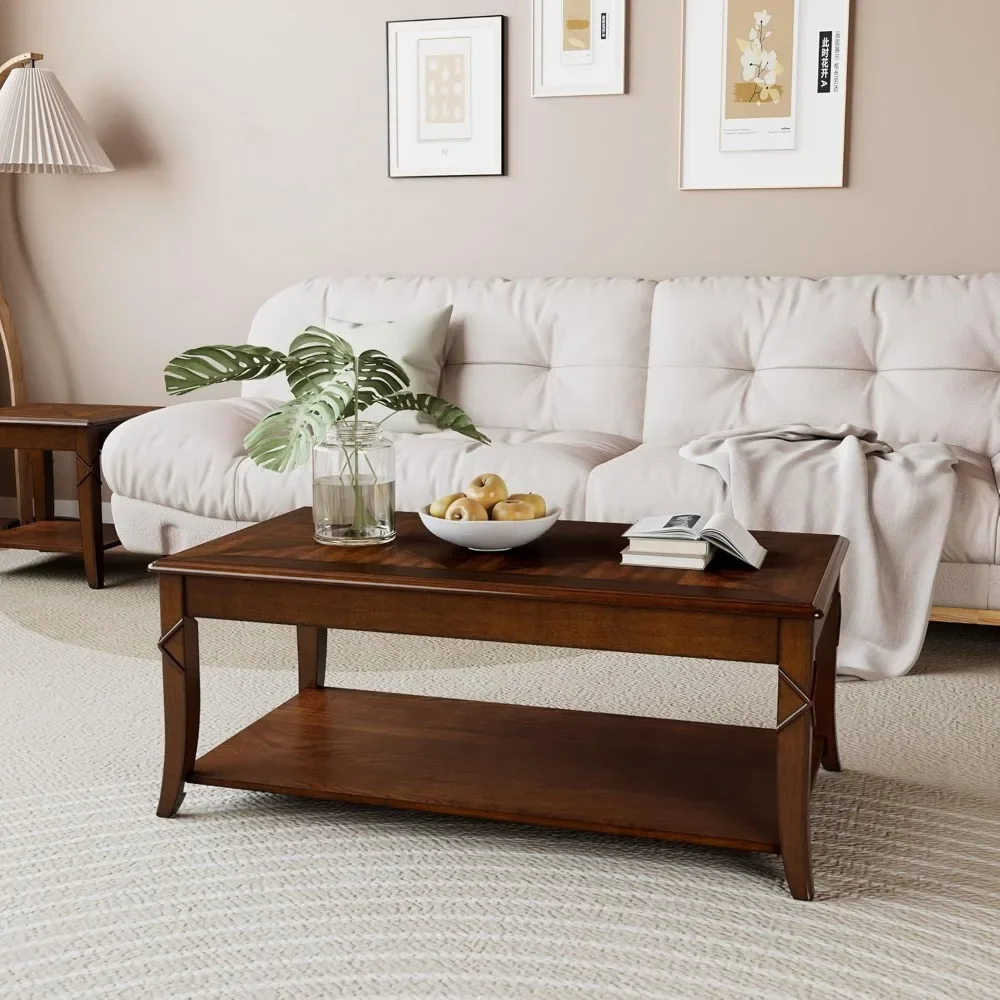 Solid Wood Coffee Table with Shelf, Vintage Rectangle Cocktail Table with Dual Hourglass Tabletop with Curved Legs