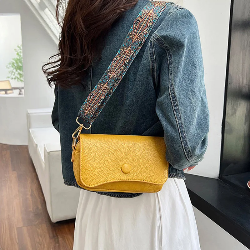 Comfortable PU Leather Wide Strap Crossbody Bags, Casual Flap Women\'s Shoulder Bag For Gifts, Designer Small Handbags And Purses