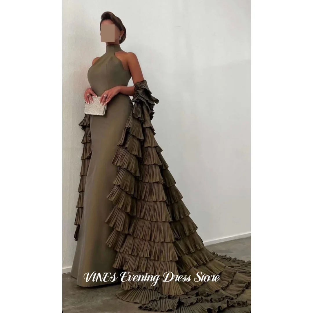 

VINES Elegant Olive Green Prom Dress Halter Neck Cutout Ruffle Layered Pleated Mermaid Formal Evening Gown For Women Customized