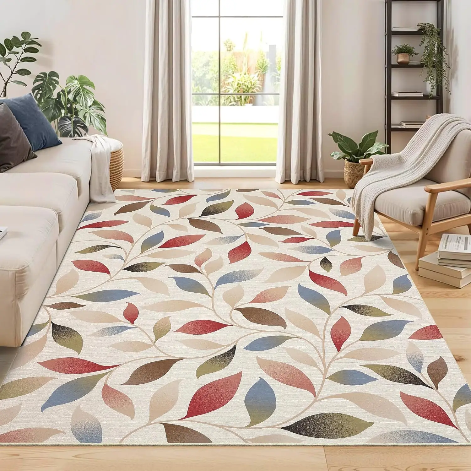 

Washable Area Rug for Living Room Modern Floral Carpet with Non-Slip Backing Soft Low Pile Leaf Pattern Bedroom Playroom Office