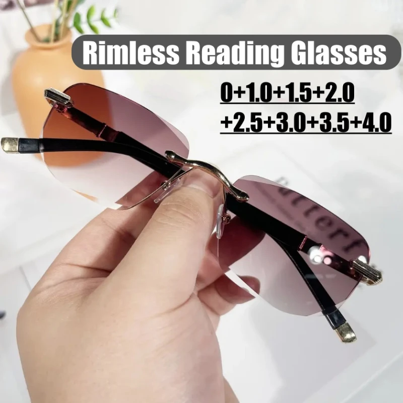 

Women Fashion Rimless Reading Glasses Stylish Ultralight Far Sight Eyeglasses Unisex Men HD Blue Light Blocking Eyewear +1.0+4.0