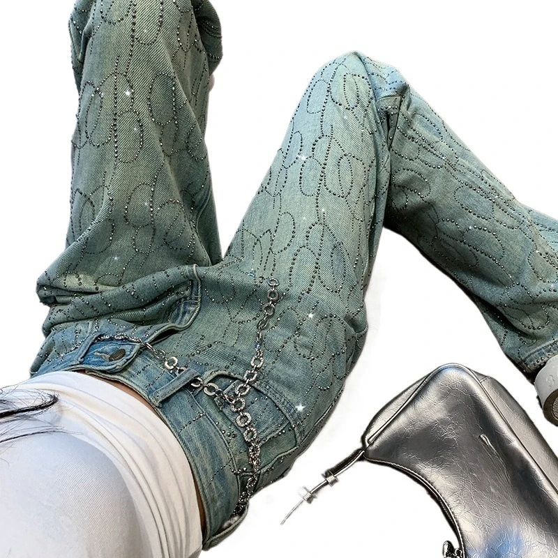 Europejskie spodnie jeansowe plus fleece, grube, luksusowe, z gradientem, zdobione cyrkoniami, z motywem gipsówki, proste, wąskie nogawki, spodnie dżinsowe.