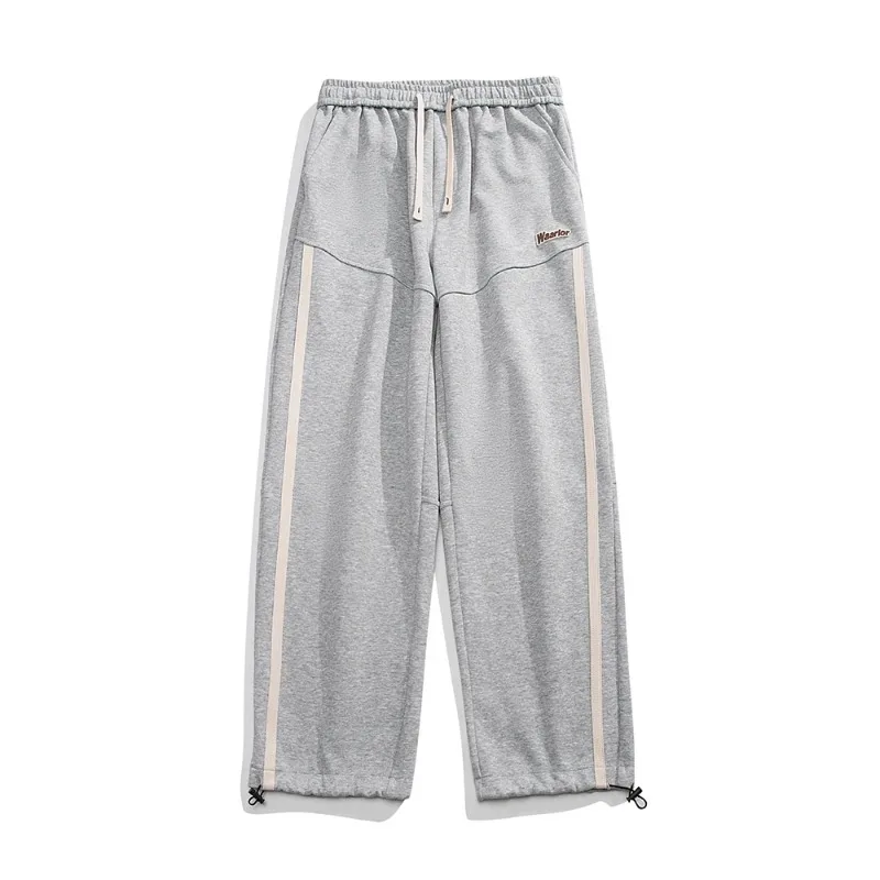 Men's Spring Autumn Drawstring Letter Stripe Elastic High Waist Pockets Casual Loose Sports Wide Leg Trousers Fashion Pants