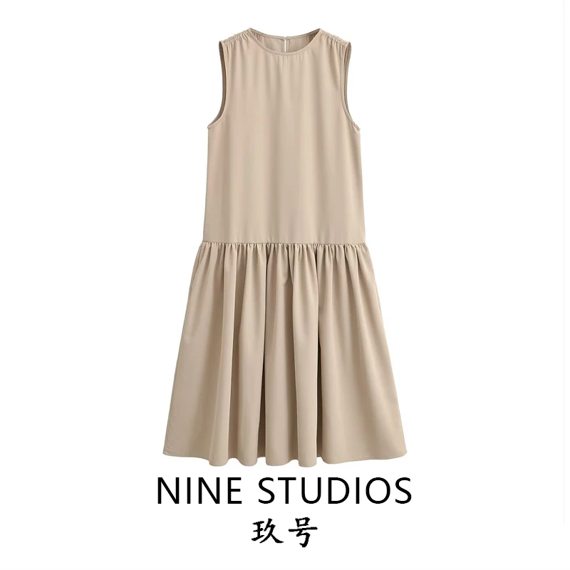 

NINE ZAR Kaki round Neck Casual Sleeveless Fluffy Short Dress Elegant A-Line Skirt Women's Fashion Polyester Spring Loose Fit