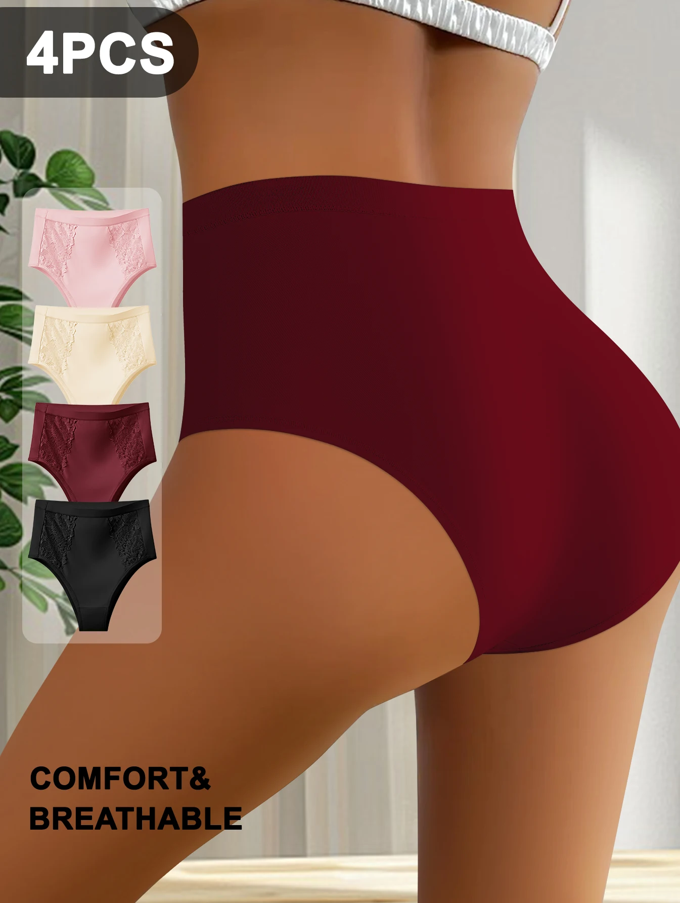 4 pièces/ensemble sans couture Sexy dentelle florale slips femmes Sexy creux couleur unie slips femmes taille haute respirant femmes sous-vêtements